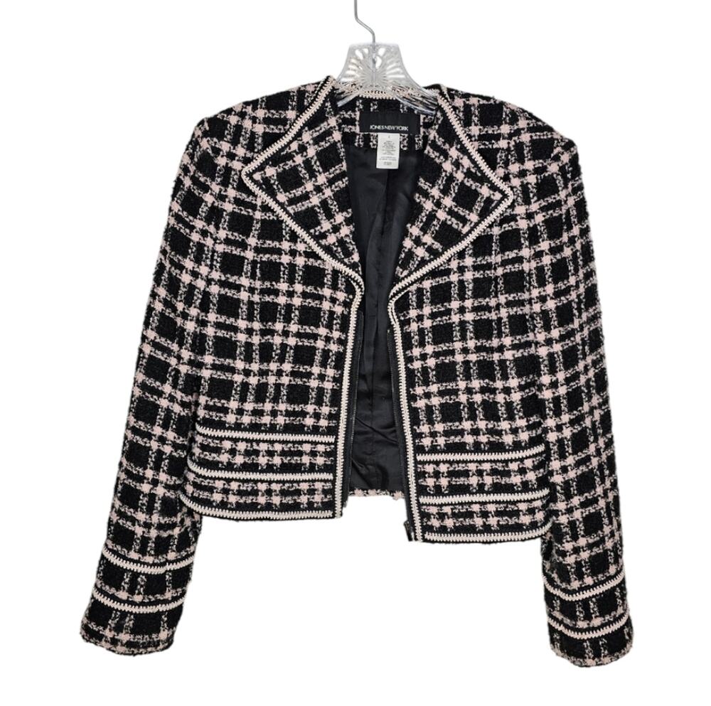 Jones New York Black Pink Plaid Tweed Zip Up Blazer Size 4